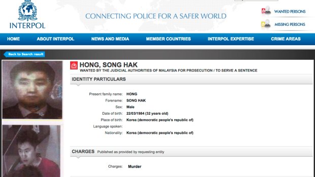 This photo released on March 16, 2017, shows Interpol's red notice for North Korea's Song Hak Hong. 
