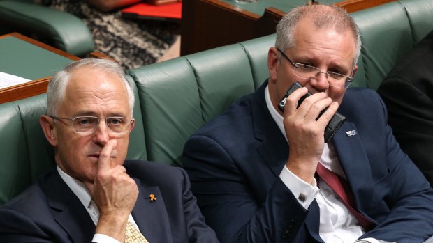 Prime Minister Malcolm Turnbull and Treasurer Scott Morrison during a divison to suspend standing orders at Parliament House in Canberra on March 16.