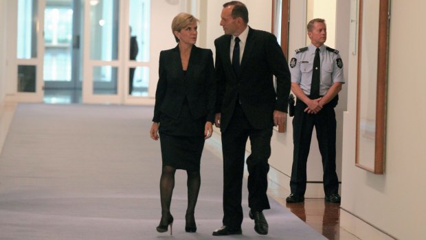 Ms Bishop and Mr Abbott arriving for the press conference.