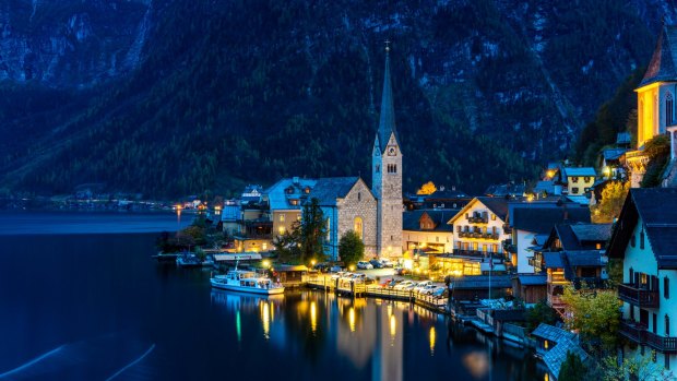 Hallstatt village, a World Heritage-listed town on Lake Hallstatt's western shore in Austria's mountainous Salzkammergut region in Austria.