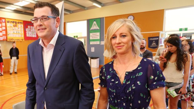 Daniel Andrews and his wife Catherine Andrews at Albany Rise Primary School, Mulgrave on Saturday. 