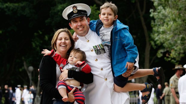 Chief Petty Officer Damian Pawlenko with wife Michelle and sons Cristian, 7, and Darcy, 21 months. 