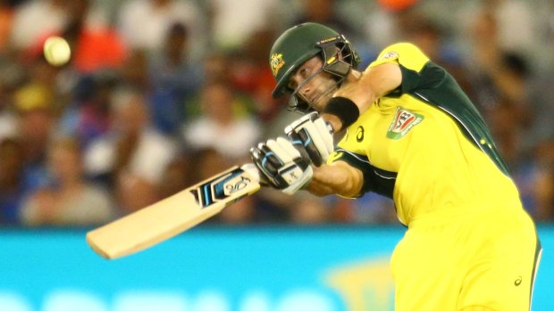 Glenn Maxwell hits a six during game three of the One Day International Series between Australia and India at the Melbourne Cricket Ground on January 17, 2016.