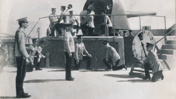 The first shot is sent across the bows of the German steamer Pfalz in 1914.