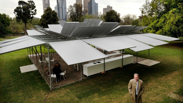 MPavilion, the first of a series of temporary, architect-designed structures  funded by Naomi MIlgrom. Architect Sean Godsell pictured.