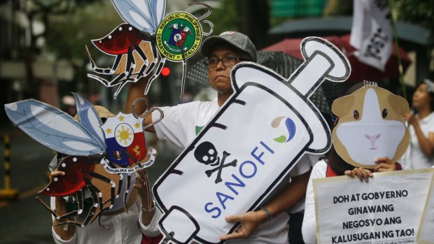 Protesters rally, in Manila last month, against the controversial mass immunisation of Filipino children with Dengvaxia made by Sanofi Pasteur.