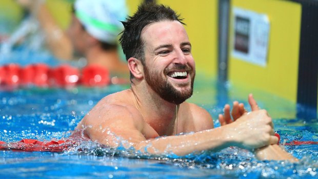 'Back in the dogfight': James Magnussen smiles after finishing second  to Cameron McEvoy in the 100m freestyle.