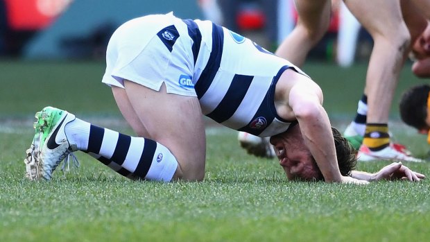 Dangerfield lay on the ground injured after his collision with Jarryd Roughead. 