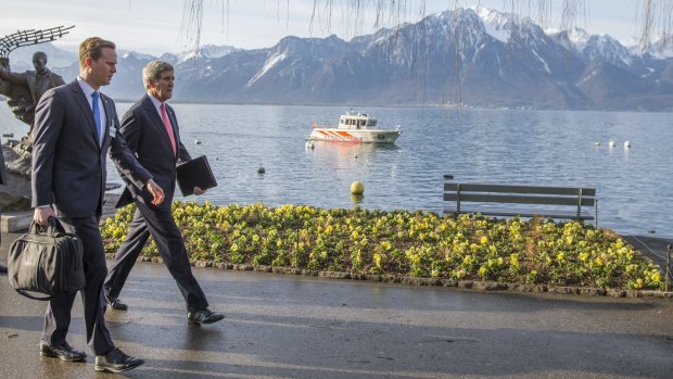 The US Secretary of State walks to a meeting with Iranian Foreign Minister in Montreux.