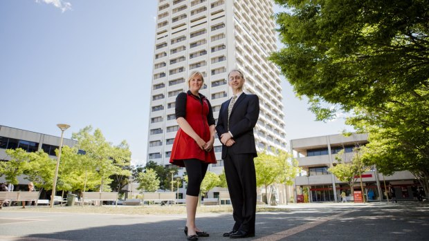 Purdon Planning chief executive Kristi Jorgensen, and George Michalis, director of Michalis Holdings in front of Lovett Tower, which may be used as office space for 1100 ACT government staff.