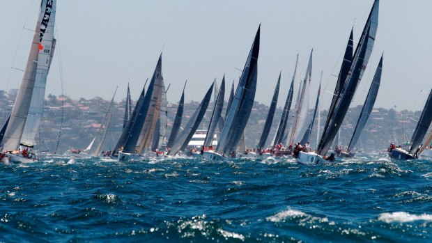 Yachts jostle for position at the start of the Sydney to Hobart on Friday afternoon.