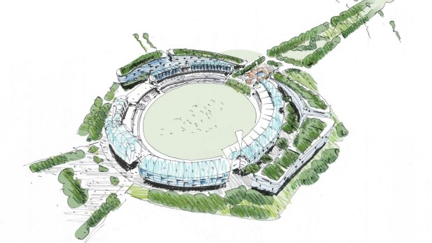 A preliminary sketch of a bid by GWS Giants and Grocon to redevelop Manuka Oval. 