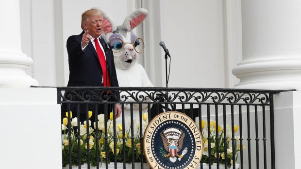 Day 88: Donald Trump is joined by the Easter Bunny at the White House. Asked to compare Trump to an animal, his supporters frequently chose a lion.
