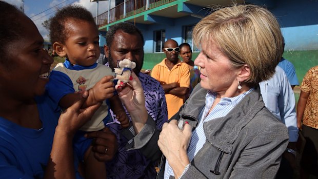 Ms Bishop pictured during a school visit in Vanuatu on the weekend. The country was devastated by Cyclone Pam,