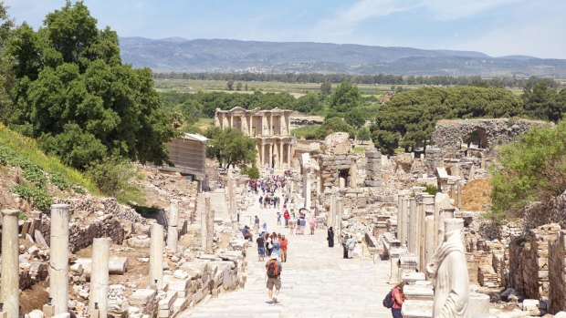 Main street and library of Ephesus, Turkey.