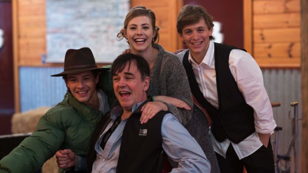Tim Ferguson (front) with <i>Spin Out</i> cast (from left) Xavier Samuel, Morgan Griffin and Travis Jeffery. 