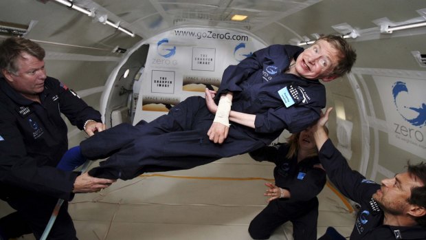 Hawking goes zero-G aboard a modified Boeing 727 in 2007.