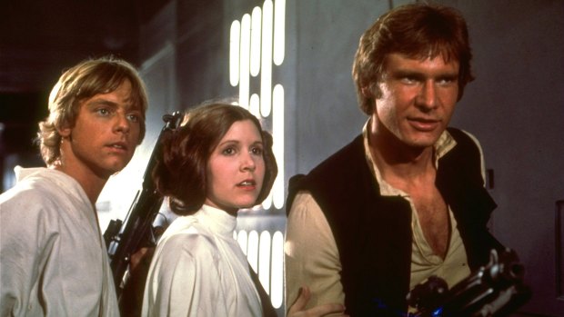 Classic ... Mark Hamill, left, Carrie Fisher and Harrison Ford in the original 1977 Star Wars.  
