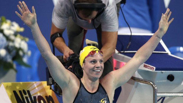 Australia's Emily Seebohm celebrates after winning the women's 200m backstroke final at the Swimming World Championships in Kazan.
