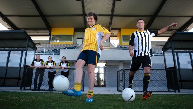Gungahlin United under-18 player Frazier Phillips and premier league striker Stephen Domenici at the team's launch in October.
