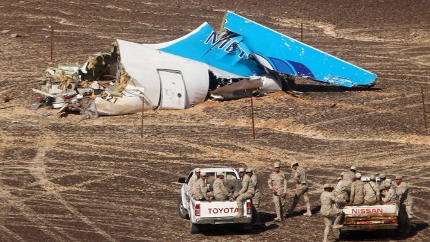 Wreckage of the downed Russian Metrojet plane.