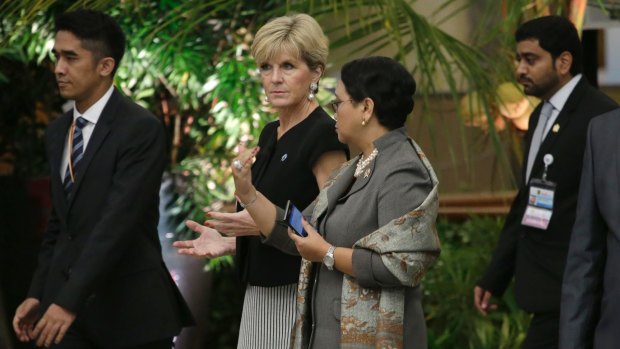 Foreign Minister Julie Bishop with her Indonesian counterpart Retno Marsudi at the Indian Ocean Rim Association summit on Monday.