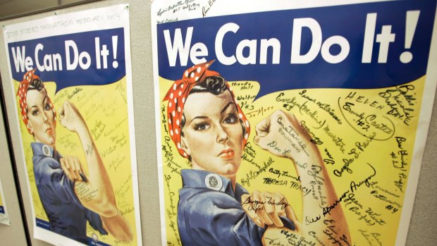 In this October 31, 2007 photo, a poster showing signatures of former Rosie the Riveter's is seen at the offices of the Rosie the Riveter/World War II Home Front National Historic Park in Richmond, Calif. A woman identified by a scholar as the inspiration for Rosie the Riveter, the iconic female World War II factory worker, has died in Washington state. The New York Times reports that Naomi Parker Fraley died Saturday, Jan. 20, 2018, in Longview. She was 96. Multiple women have been identified over the years as possible models for Rosie, but a Seton Hall University professor in 2016 focused on Fraley as the true inspiration.