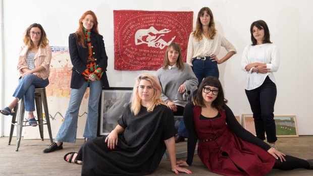 Organisers and participants in the Make Nice conference, a conference for women working in the creative fields, in Surry Hills, Sydney. (L-R) Becky Simpson, Kitty Callaghan, Ngaio Parr, Amy Nadaskay, Arielle Gamble, Jess Scully (front) and Ondine Seabrook. 