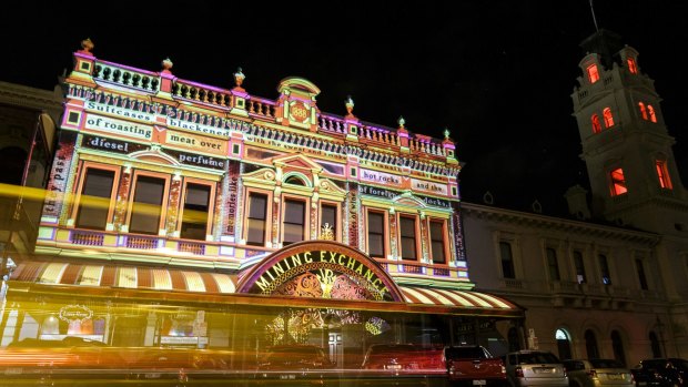 Ballarat's mining exchange was covered in colourful projections of 19th century Australian poetry.