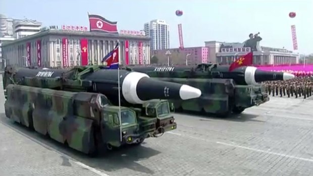 Missiles are paraded at Kim Il-sung Square in Pyongyang on Saturday.