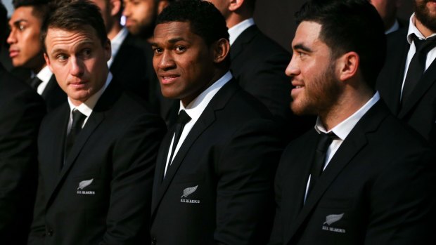Ben Smith, Waisake Naholo and Nehe Milner-Skudder look on during the New Zealand All Blacks Rugby World Cup team announcement on August 30.