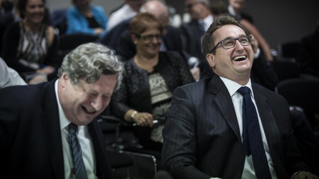 Grant Wardell-Johnson, leader of the Australian Tax Centre at KPMG (left) and David Linke, national managing partner of tax and legal at KMPG, at the Corporate Tax Avoidance inquiry in Sydney.