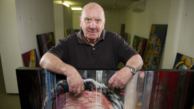  Bald Archys - Peter Batey with some of the entries' satirical portraits of celebrities.
