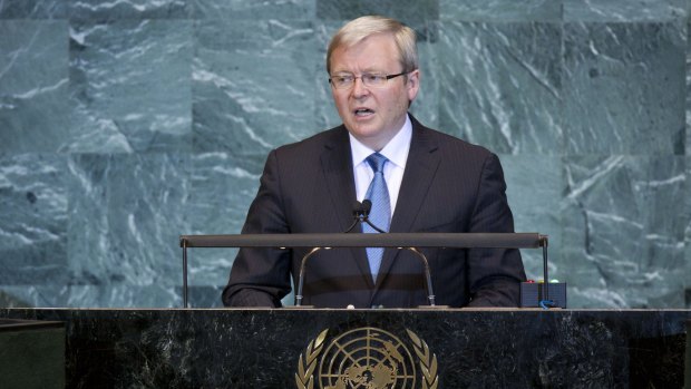 Former prime minister Kevin Rudd addresses the United Nations, while PM, in 2009.