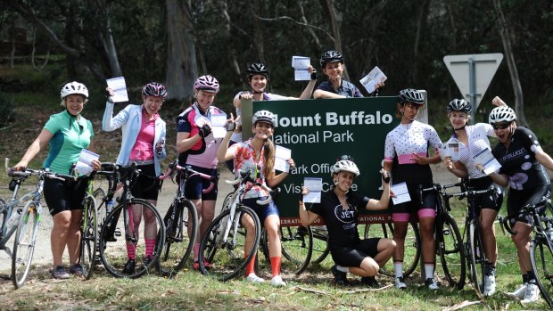 Women cyclists at Mount Buffalo National Park on a Tribal Cycling ride. Tribal Cycling actively encourages the growth of women's cycling through women-only skills clinics and cycling retreats.