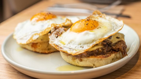 Jalapeno muffins with pork sausage, onion jam, salsa, cheese and fried eggs.