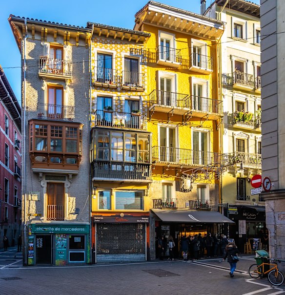 Colorful typical buildings in Pamplona old town. 