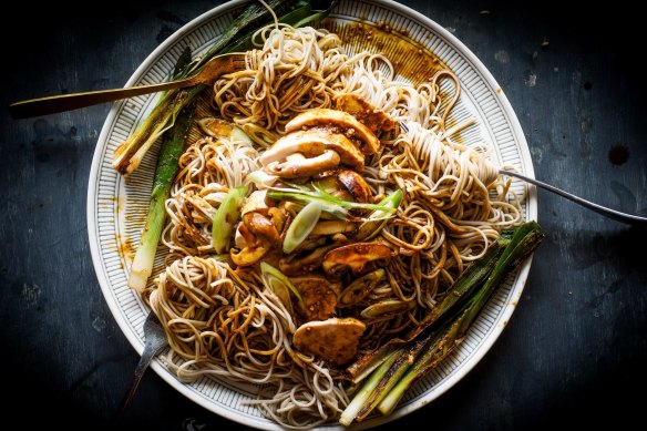 Beer, miso and mirin poached chicken with udon noodles