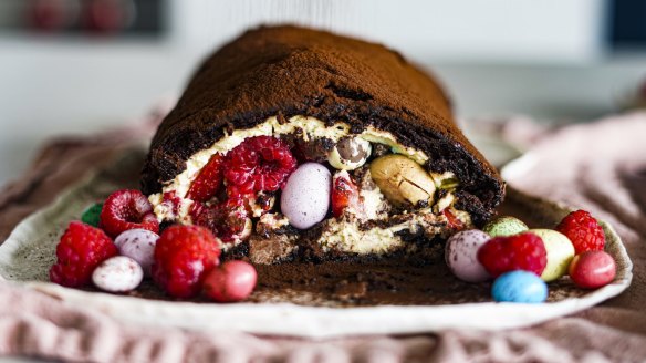 Chocolate meringue roulade, but make it Easter.