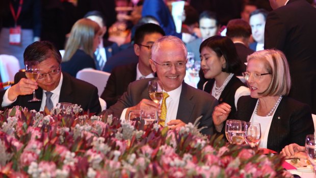 Prime Minister Malcolm Turnbull and Lucy Turnbull at the Australia Week in China gala lunch in Shanghai on April 14.