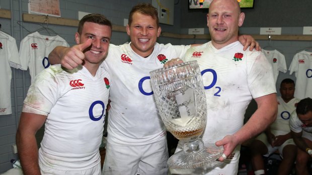 George Ford (left), Dylan Hartley (centre) and Dan Cole celebrate the victory over the Wallabies.
