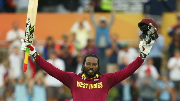 Chris Gayle of West Indies celebrates his double century during the 2015 ICC Cricket World Cup match between the West Indies and Zimbabwe at Manuka Oval