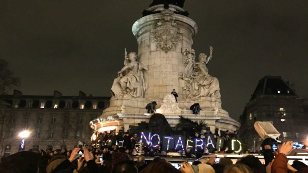 Protesters make their feelings known at the Place de la Republique in Paris.