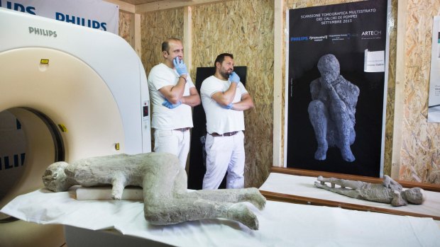 Plaster casts at a field hospital in Pompeii, where an array of specialists — archaeologists, restorers, radiologists, anthropologists and others — used computerised tomography scanners.