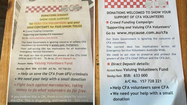 The inflammatory flyer circulating in Bendigo (left) compared with the Volunteers Fire Brigades Victoria official fundraising leaflet.