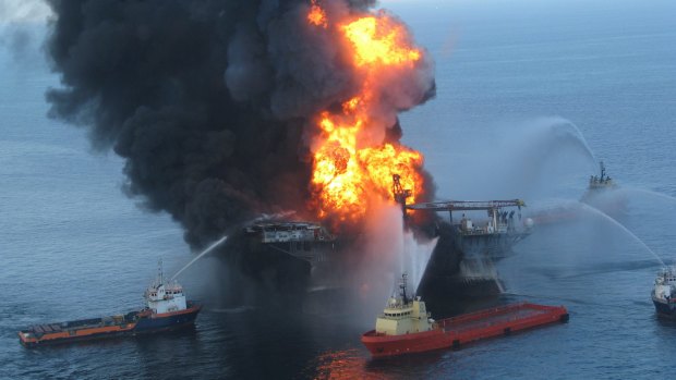 Crews battle the blaze after the explosion on the oil rig Deepwater Horizon in April 2010.