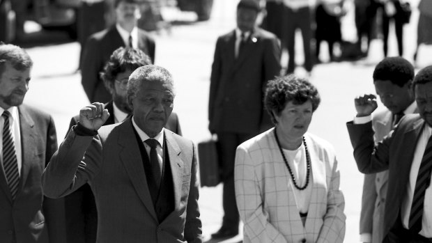 Nelson Mandela, arrives in Melbourne, greeted by Premier Joan Kirner in 1990.