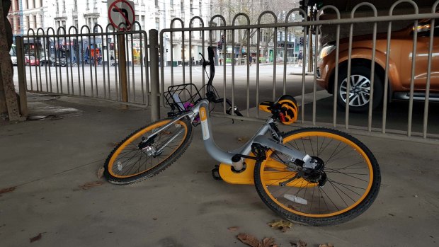 An abandoned oBike in Melbourne's CBD.