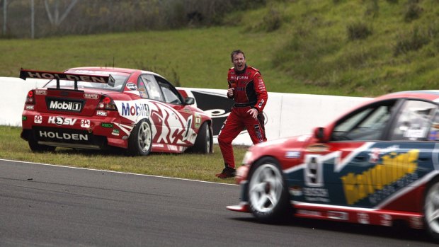 Rivals, now teammates: Mark Skaife swears at Russell Ingall in their infamous 2003 clash.