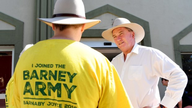Former deputy PM Barnaby Joyce with campaign supporters on Tuesday.